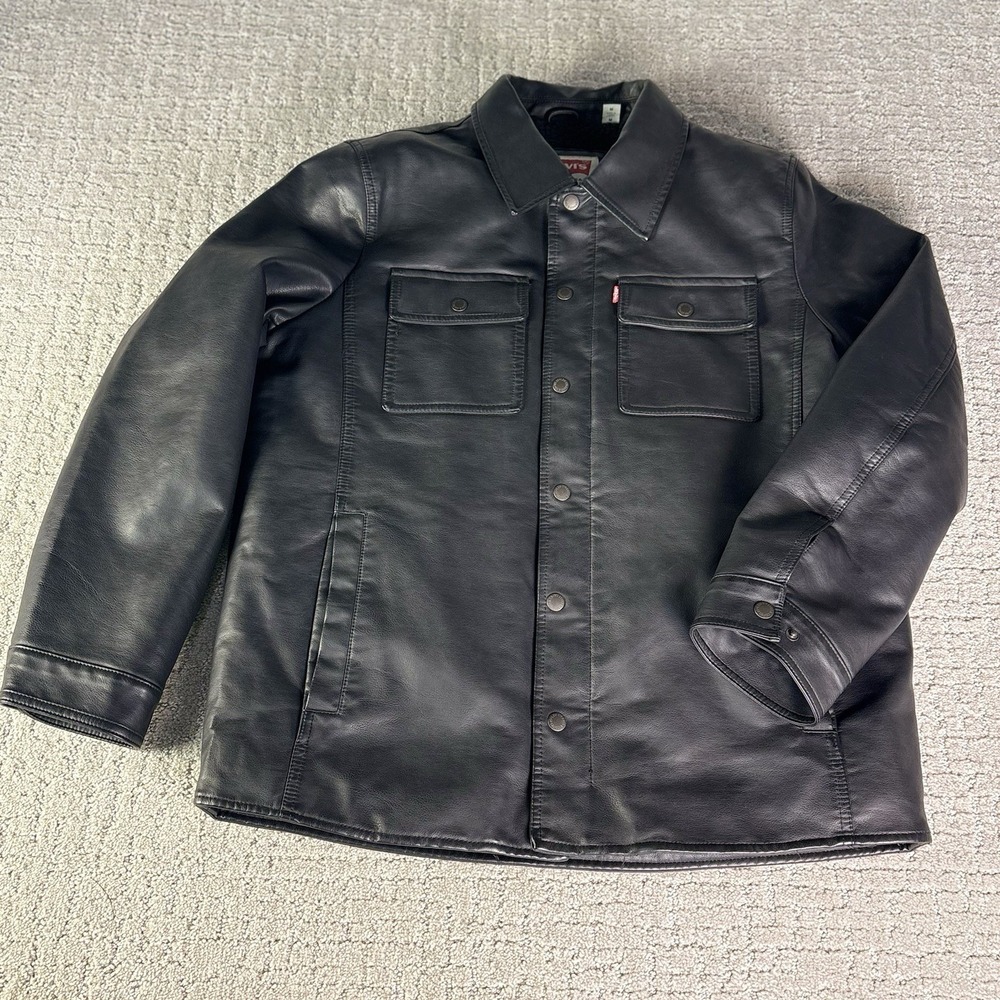 Levi's Men's Black Leather Jacket Faux Fur Sherpa Lined Trucker Sz M